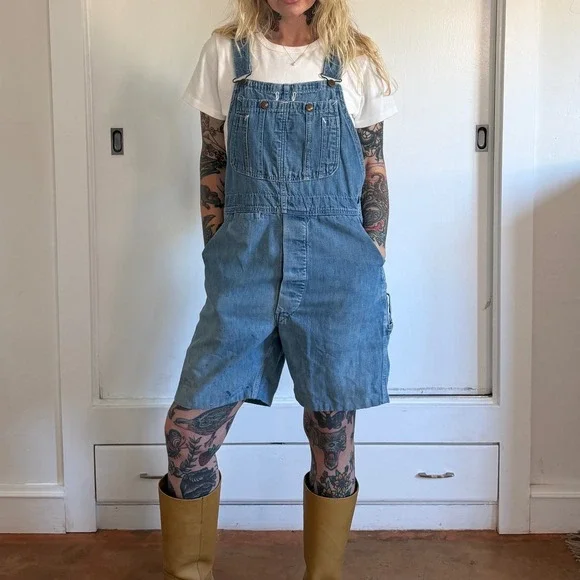 Vintage 1970s Gap Denim Shorts Medium Wash Workwear Overalls Carpenter - Picture 2 of 9